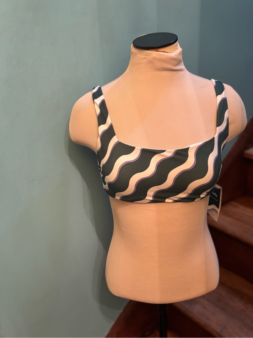 Andie Wavy Stripe Scoop Bikini Top Small& Bottom XS in Green and Cream